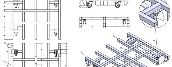 Tavola costruttiva 2D e vista esplosa con quote tolleranze e note per officina