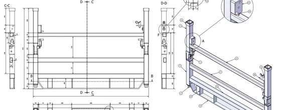 Tavola costruttiva 2D e vista esplosa con quote tolleranze e note per officina